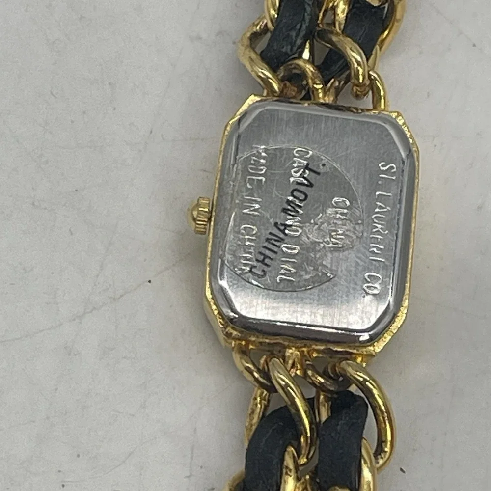 Saint Laurent Womens Watch 18mm Gold Tone Chain Black Leather Untested